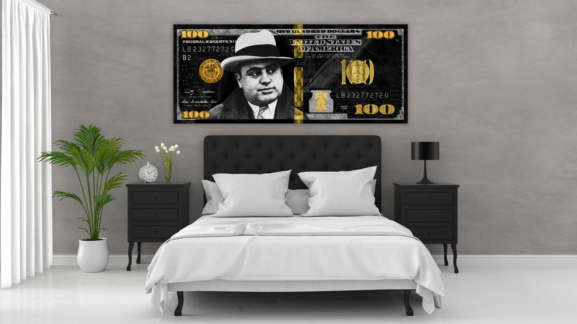 alcapone-gold-silver-100-dollar-sfeer-silver-goud Al Capone Gold/Silver 100 Dollar schilderij