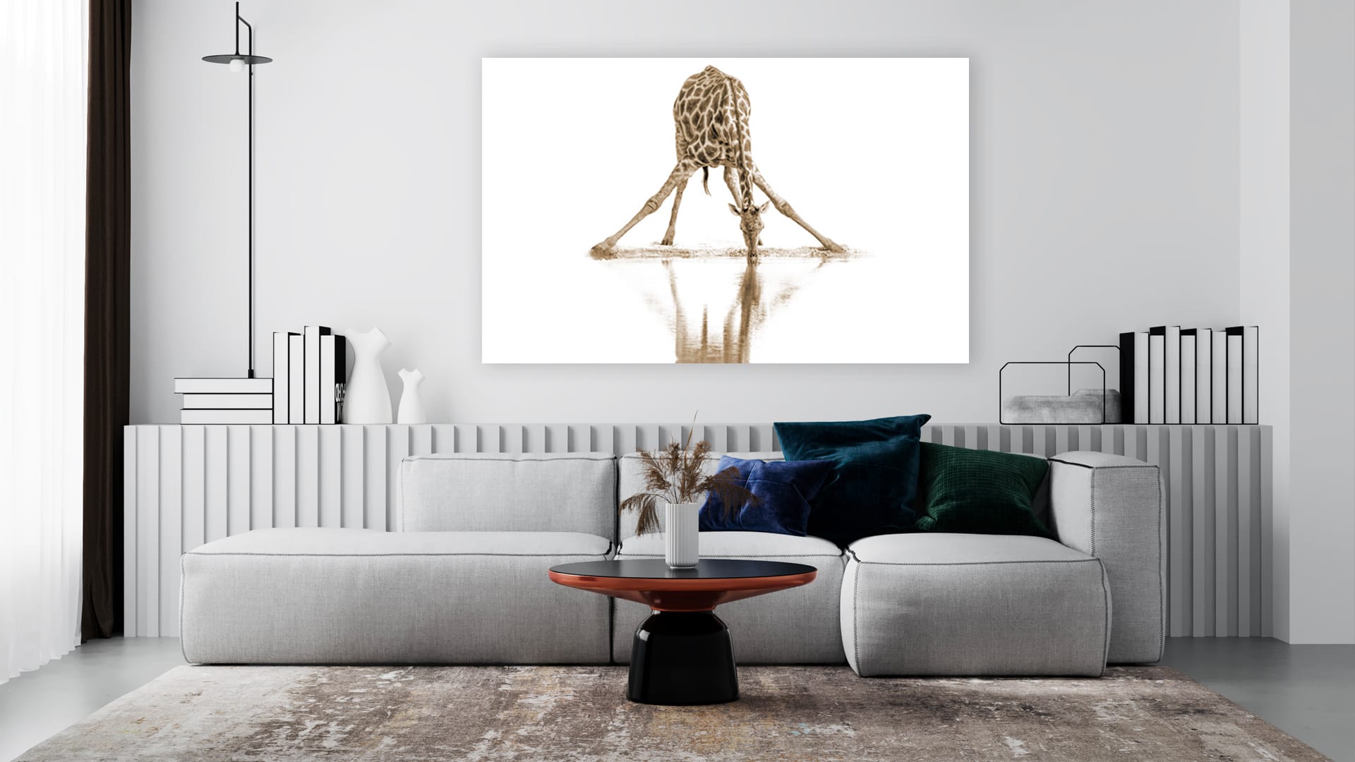 Drinkende Giraffe schilderij