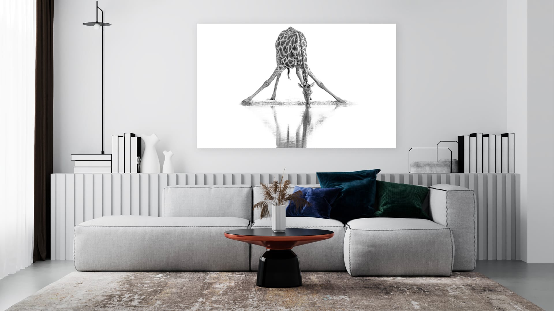 Drinkende Giraffe schilderij