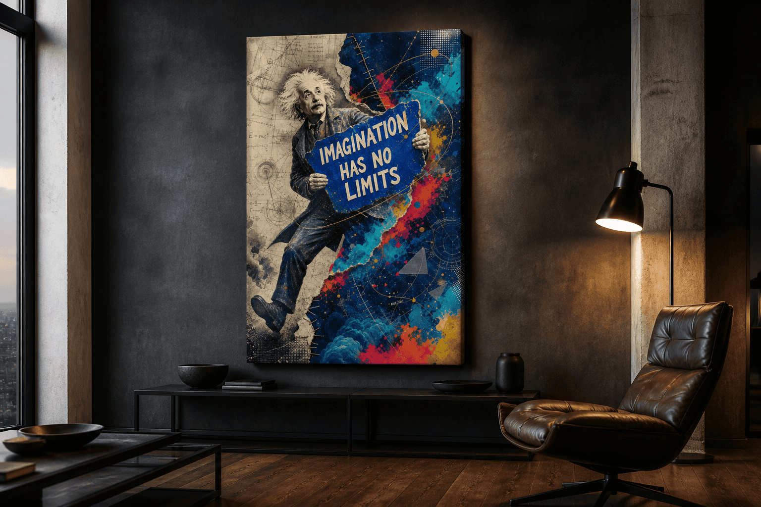 Einstein schilderij Imagination Has No Limits aan een donkere wand in een industrieel interieur