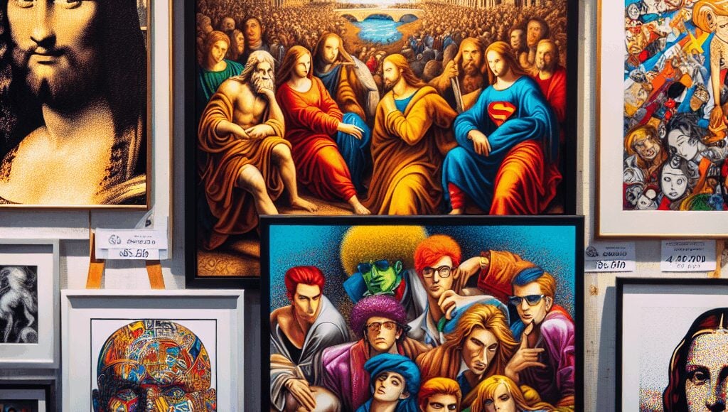 A group of paintings on display.