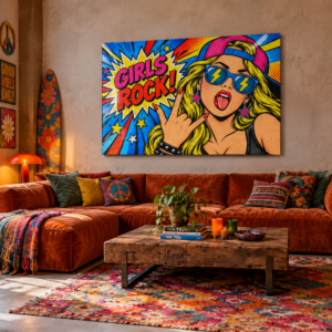 Girls Rock pop art schilderij met stoere blondine, roze pet, blauwe bliksemzonnebril en kleurrijke comic art achtergrond.