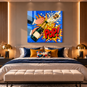 Pop Art schilderij champagne POP in luxe woonkamer