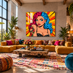 Kleurrijk Pop Art schilderij Rebel Girl met roze en blauw haar in moderne boho woonkamer